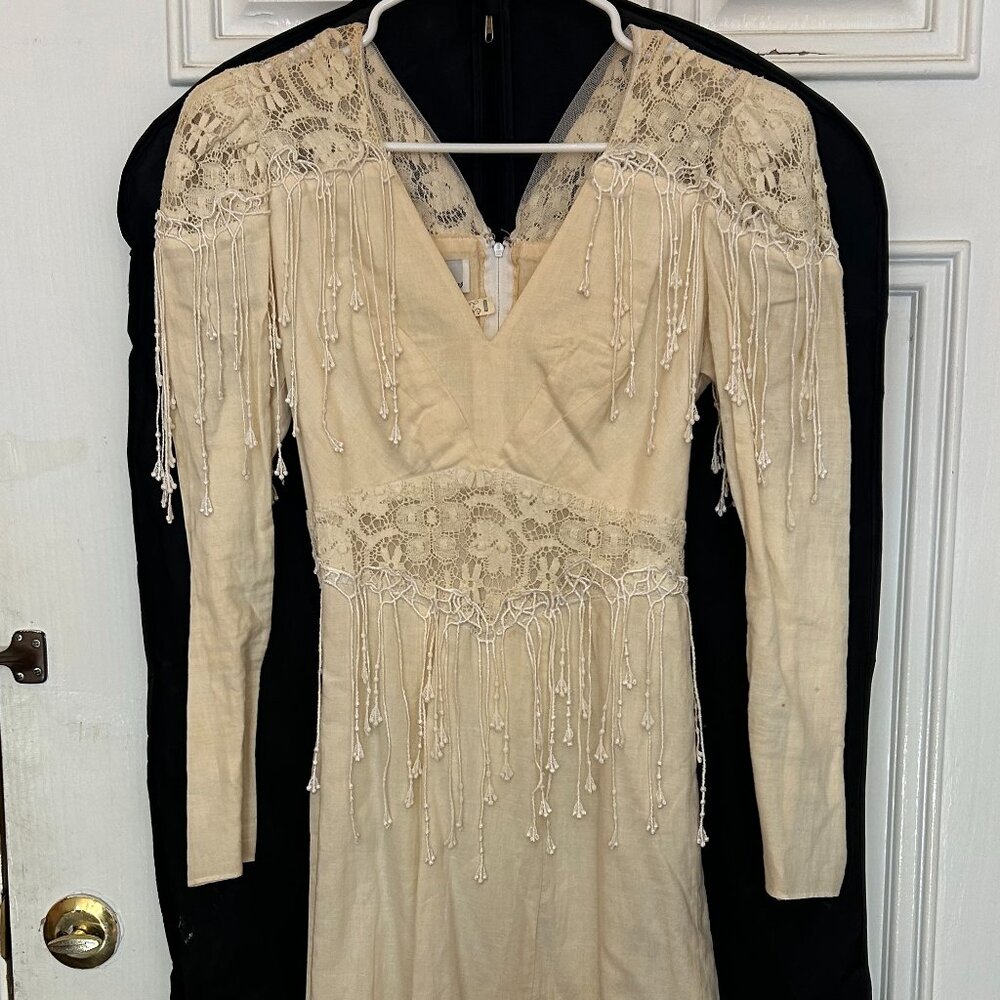 Vintage 1980 Long Sleeve Lace Off-White Dress with Tie Back